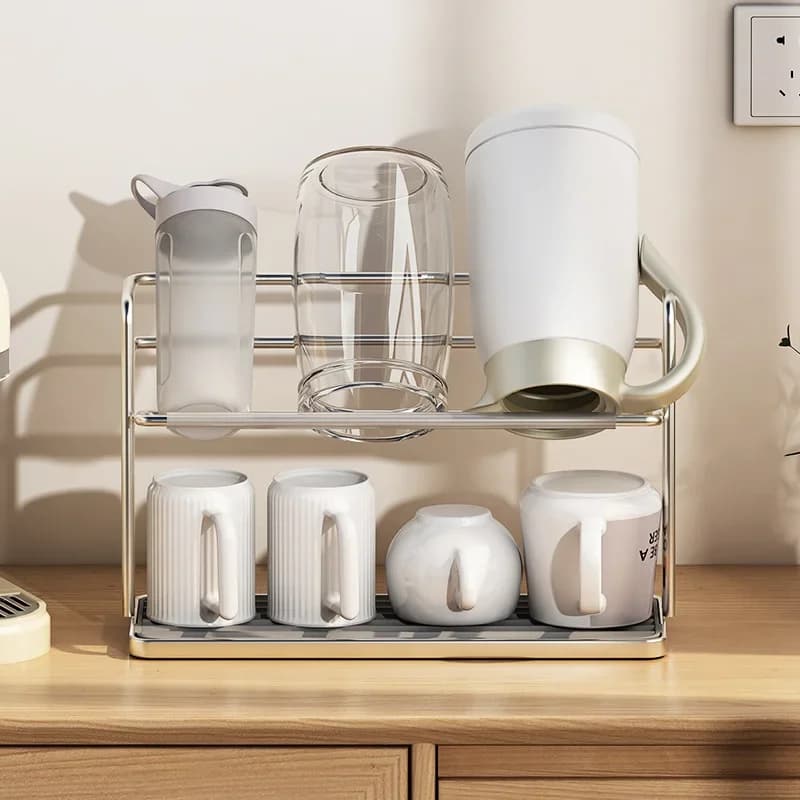 Dubbellaags roestvrijstalen bekerrek voor de keuken - Bekerhouder met lekbak
